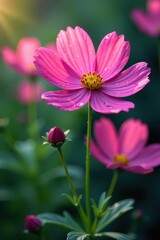 Obraz premium Close-up cosmos blooms, dew-kissed petals, soft light, floral, botany