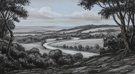 Serene River Valley Landscape Monochrome Drawing of Winding River Rolling Hills and Lush Greenery