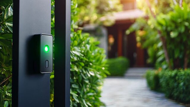 Smart Home Security System: Modern Gate with Intercom and Verdant Greenery, Peaceful Scene