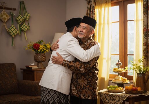 An elderly Muslim man embraces a younger relative in a heartfelt hug during Eid, symbolizing forgiveness, love, and togetherness in a warm, festive setting.