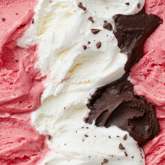 Seamless creamy vanilla ice cream texture with raspberry swirls and dark chocolate chunks