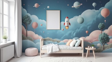 Whimsical children's bedroom with light wooden bed featuring space-themed wall mural combining rockets, planets, hot air balloons, and pastel clouds in blue and pink colors.