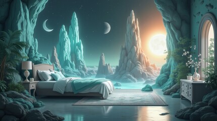 Enchanted bedroom in a cave setting with turquoise waters and crystalline spires.