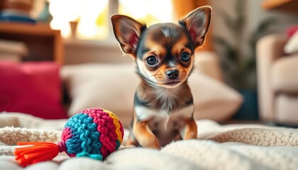 Adorable Chihuahua Puppy with Colorful Crocheted Toy.