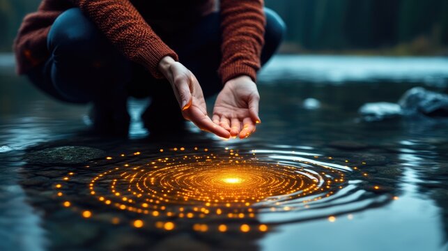 A lake where ripples form glowing constellations when touched