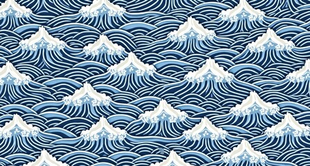 Seamless Japanese Wave Pattern Blue Ocean Water Texture Stylized Art Design for Textile Fabric
