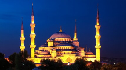 Fototapeta premium A beautifully lit mosque with tall towers at nighttime is shown