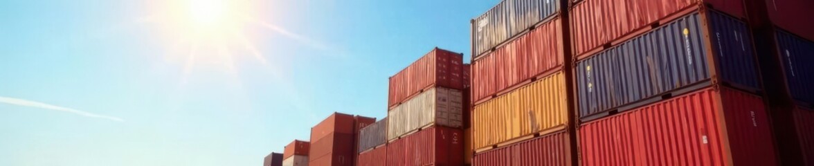 Fototapeta premium Neatly stacked cargo containers under sunny sky, industry, infrastructure, daylight