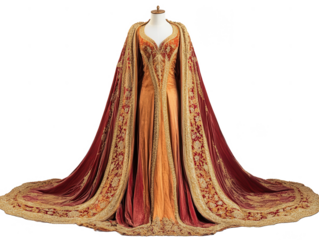 Ornate gown with red velvet cape on a mannequin against a Transparent Background