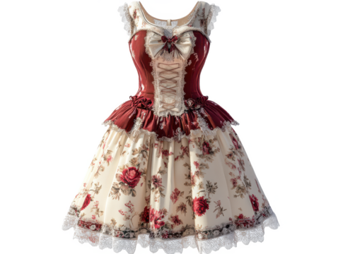 A vintage inspired dress with floral pattern and lace trim on a Transparent Background