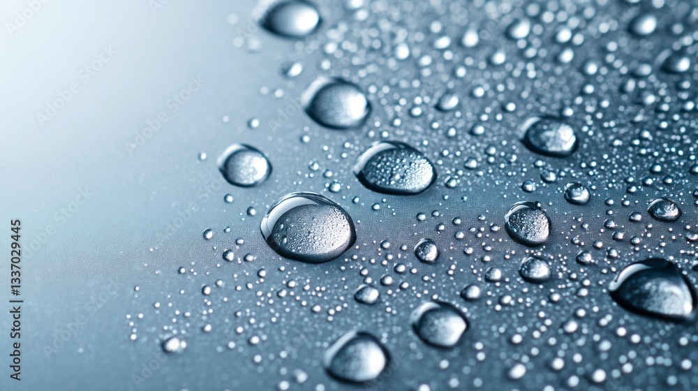 Poster Tiny droplets of water create mesmerizing patterns on a serene gray background, glistening softly as light reflects off their surfaces, evoking tranquility and freshness