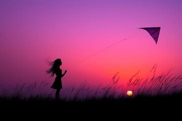 Silhouette of a girl flying kite on a beautiful sunset background scene