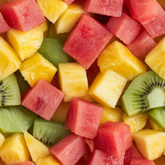 Seamless pattern of assorted tropical fruit slices with watermelon, pineapple, and kiwi in vibrant fresh colors