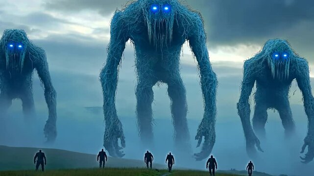 Mysterious giants emerge from the mist, creating an eerie atmosphere in a desolate landscape during twilight