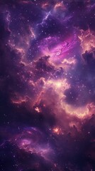 A vibrant cosmic scene filled with purple and pink hues, showcasing swirling clouds of gas and stars in the vastness of space.