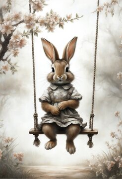 Ein niedlicher Hase in einem Kleid sitzt auf einer Schaukel, umgeben von bl&uuml;henden B&auml;umen. Ein nostalgisches Fr&uuml;hlingsmotiv f&uuml;r Karten oder B&uuml;cher. Generative KI