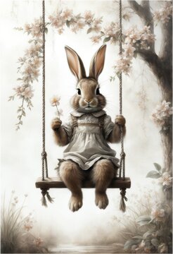 Ein niedlicher Hase in einem Kleid sitzt auf einer Schaukel, umgeben von bl&uuml;henden B&auml;umen. Ein nostalgisches Fr&uuml;hlingsmotiv f&uuml;r Karten oder B&uuml;cher. Generative KI