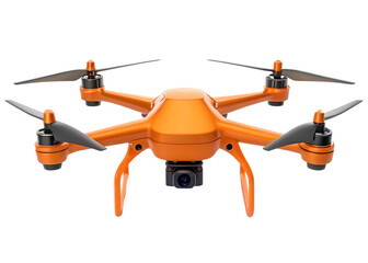 Orange drone with camera, isolated on white background