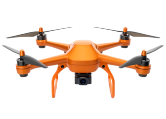 Orange drone with camera, isolated on white background