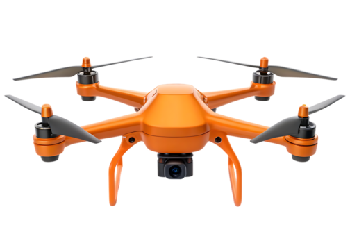 Orange drone with camera, isolated on white background