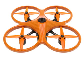 Orange quadcopter drone isolated on white background