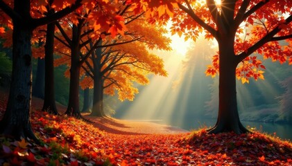 Autumnal scene, sunbeams through trees, colorful leaves, photography, scenic
