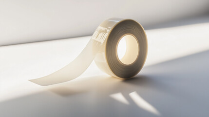 Roll of clear adhesive tape on a white surface with soft lighting