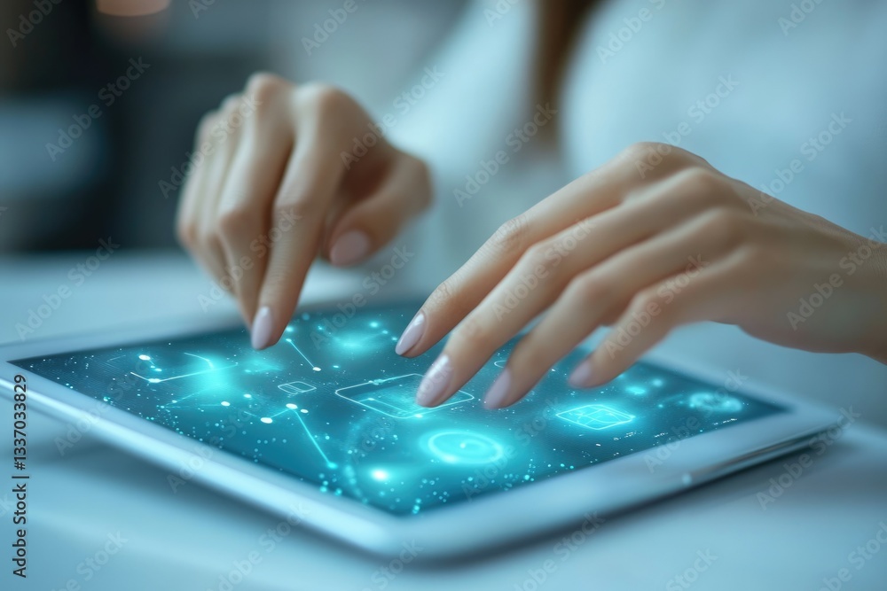 Aufkleber woman interacts with a futuristic tablet displaying a holographic interface of interconnected nodes 
