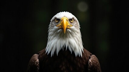 Obraz premium Close-Up of Bald Eagle with Sharp Eyes and Yellow Beak in Blurred Forest