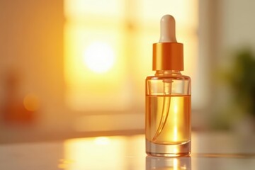Naklejka premium Golden hour lighting on skincare serum bottle , stylish, bottlemockup, aesthetic