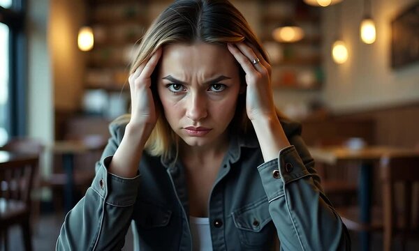 Woman Stressed in a Cafe:  A Portrait of Anxiety and Worry