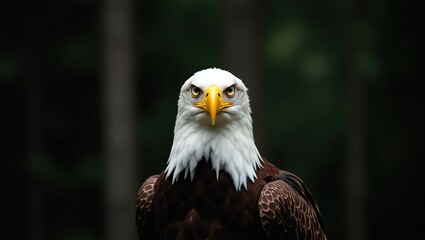 Fototapeta premium Close-Up of Bald Eagle with Sharp Eyes and Yellow Beak in Blurred Forest