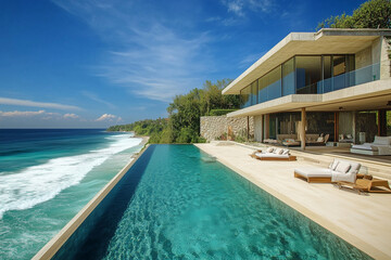 Fototapeta premium portrait of a house by the beach with a pool next to the house