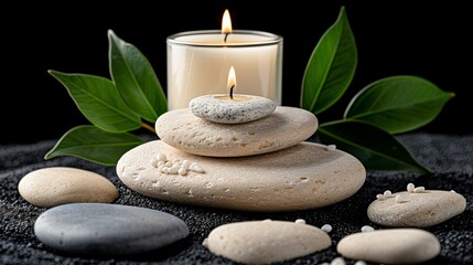 Obraz premium Tranquil zen arrangement with lit candle, smooth stones, and green leaves