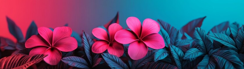 Fototapeta premium Vibrant pink flowers contrast beautifully against a gradient background of blue and red, creating a striking visual display.