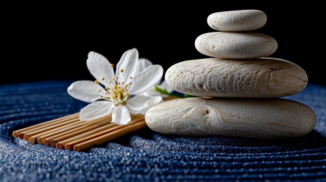 Zen garden still life with cherry blossom and balanced stones on black background - Powered by Adobe