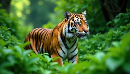 Fototapeta premium Striped Bengal tiger camouflaged by lush green foliage , leaves, asia, vibrant
