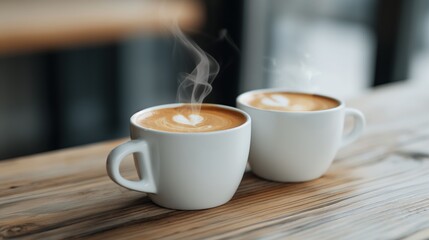 Obraz premium Warm latte art in white cups on wooden table with steaming coffee