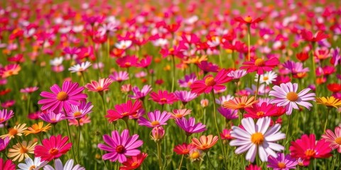 Naklejka premium Vast field of vibrant cosmos flowers swaying gently in the breeze, purple, white