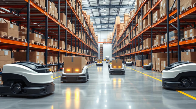 Automated robot carriers in smart distribution warehouse.