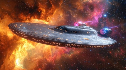 Obraz premium Futuristic space vessel traveling through interstellar cosmic phenomenon