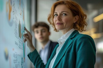 A businesswoman confidently presents data on an interactive display, collaborating with a colleague in the background.