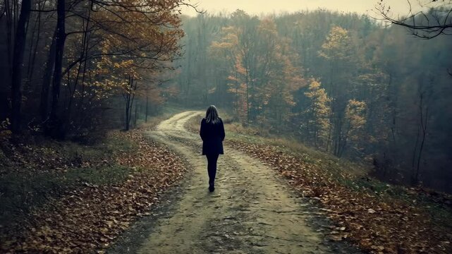Person walking alone on a winding forest path surrounded by autumn foliage during a misty afternoon