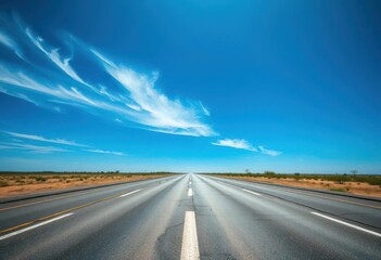 Naklejka premium Asphalt road vanishing point, bright blue sky, few wispy clouds, blue sky, calm