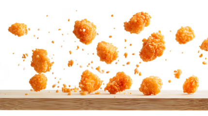 A large number of fried chicken pieces scattered across a wooden surface