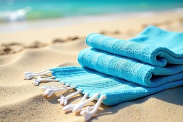 Blue striped towel folded on sun-drenched beach sand , background, top view