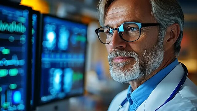 Experienced doctor analyzing patient data on multiple screens in a modern medical facility