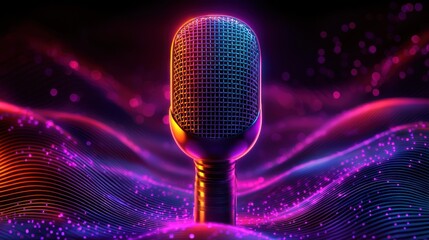 Vibrant Microphone with Neon Waves on a Dark Background for Musical Arts