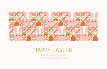Happy Easter. Greeting card, poster or banner template with typography, cute Easter bunnies and flowers. Spring Easter pattern in geometric style.