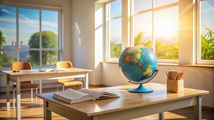 Empty Classroom Desk:  Blank Notebook, Open Book, Global Learning Concept